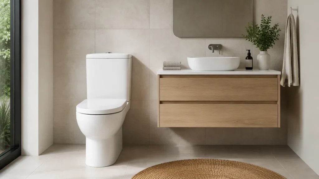 Two piece floor mounted toilet with a cistern in a modern hotel bathroom