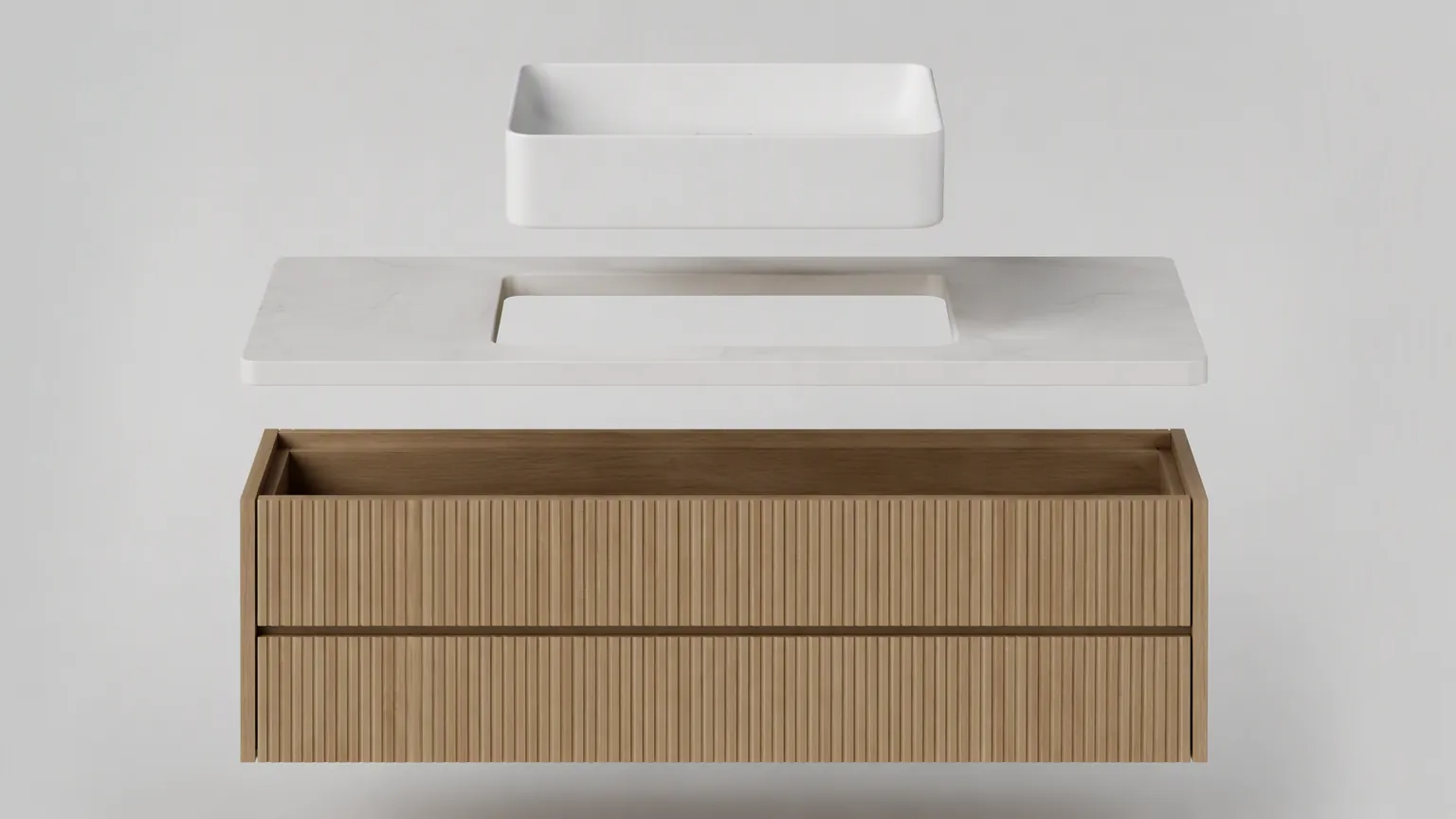 Vanity unit with basin shown as three separate parts: cabinet, stone top and ceramic basin