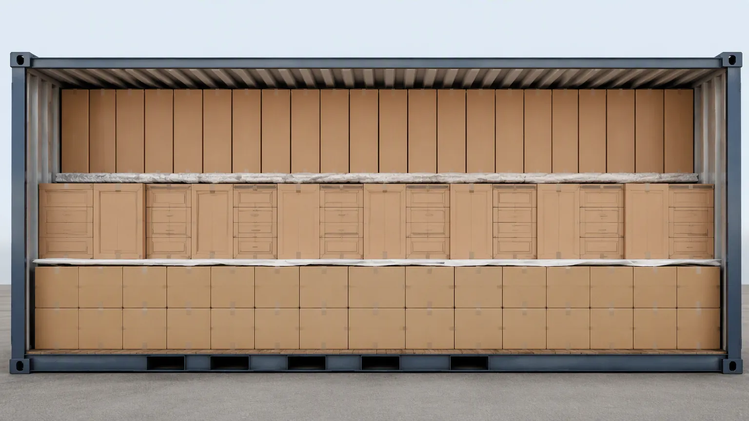Cutaway of a loaded 40 foot high cube container with basins on the floor, vanity cartons in the middle and mirror cabinets upright against the wall