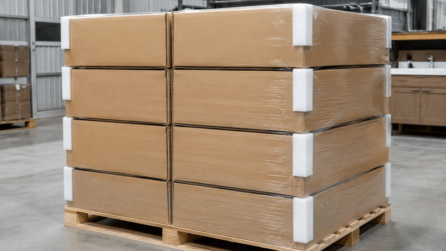 Plain export cartons of bathroom vanity cabinets with corner protectors stretch wrapped on a wooden pallet