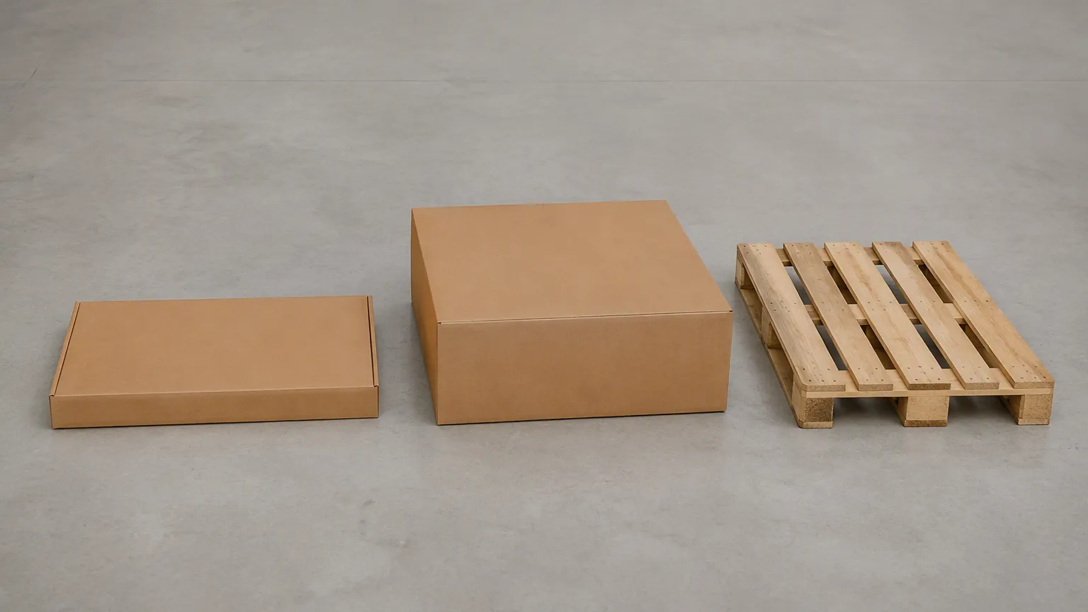 Side by side comparison of a flat pack bathroom vanity carton and an assembled carton beside a wooden pallet