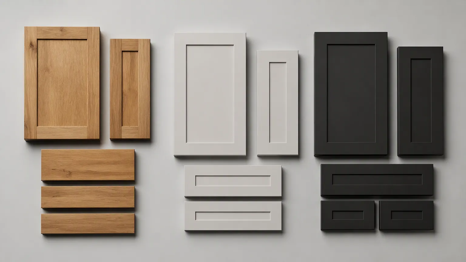 Three groups of bathroom vanity doors and fronts in different finishes showing separate minimum order quantities per colour