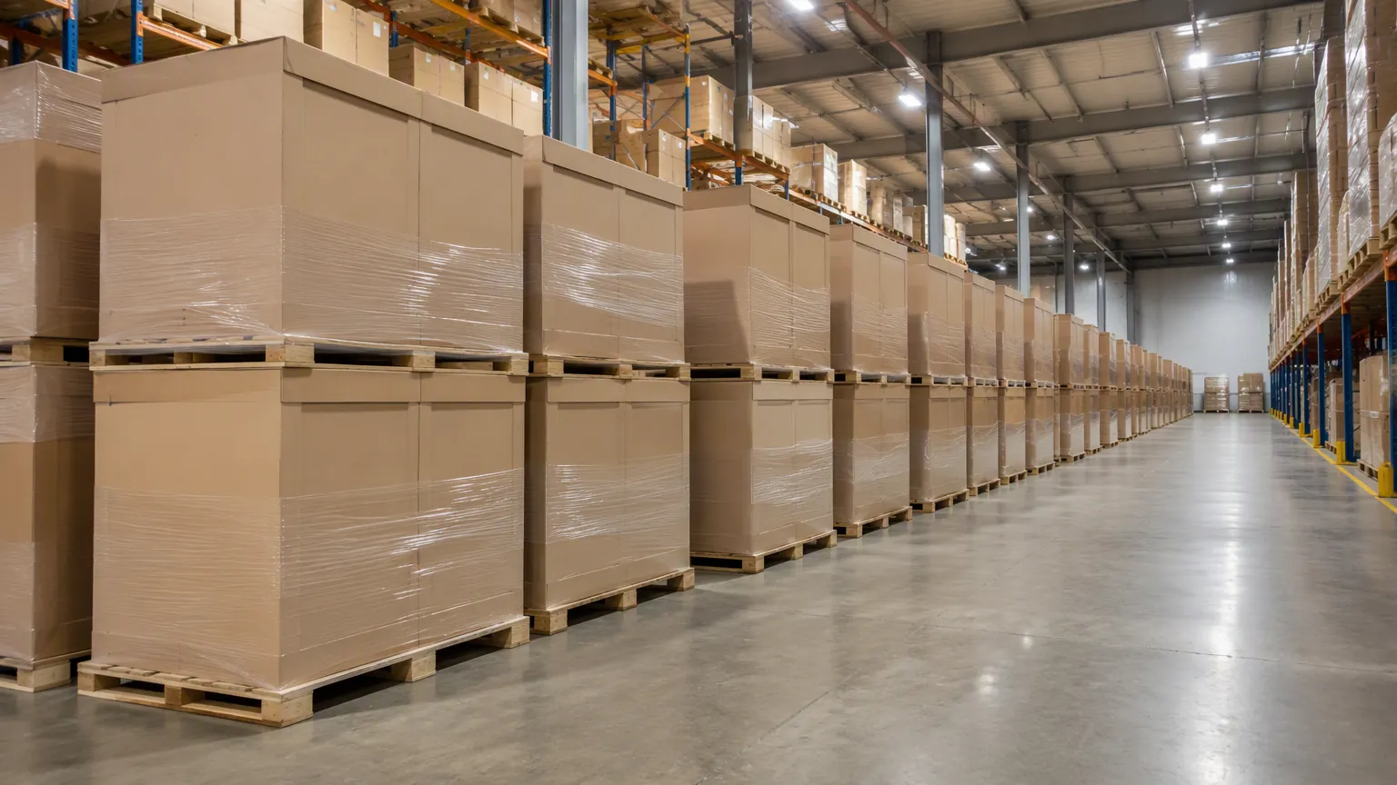 Filas de gabinetes de baño en caja apilados sobre paletas de madera y envueltos con película extensible en un almacén